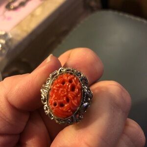 Intricate Silver, cinnabar 1920’s ring